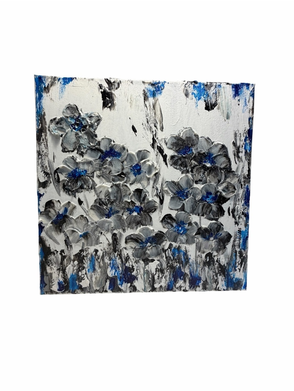 Textured Floral Canvas Wall Art in Gray, Black & Blue 12 x 12"